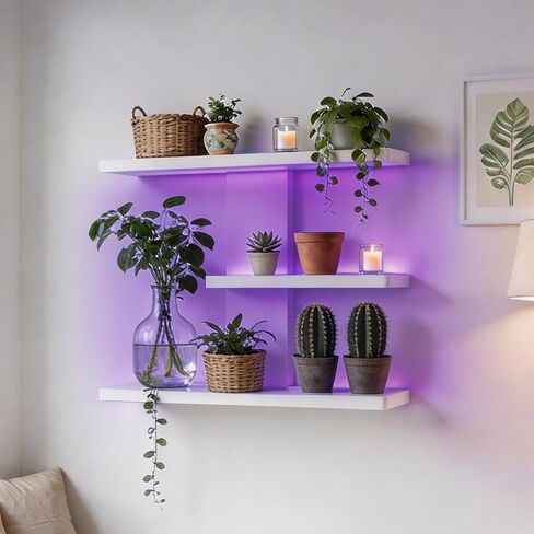 3 Tier Wall Mounted Display Shelf with Lighting Display Case Shadow Box with RGB Lights LED Display Cabinet for Collectibles,Dolls,Blocks,Perfumes,Small Plants,Toys White in Saudi Arabia