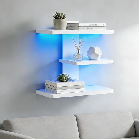 3 Tier Wall Mounted Display Shelf with Lighting Display Case Shadow Box with RGB Lights LED Display Cabinet for Collectibles,Dolls,Blocks,Perfumes,Small Plants,Toys White in Saudi Arabia