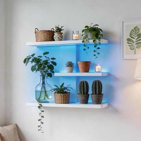 3 Tier Wall Mounted Display Shelf with Lighting Display Case Shadow Box with RGB Lights LED Display Cabinet for Collectibles,Dolls,Blocks,Perfumes,Small Plants,Toys White in Saudi Arabia
