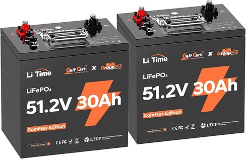 LiTime 48V 30Ah Lithium Golf Cart GC2 Battery with CAN/RS485 Communication, 2C Deep Cycle LiFePO4 Battery, Replaces T-105/T-125/T-145/T-605/T-875/T-890 (2-Pack) in Kuwait
