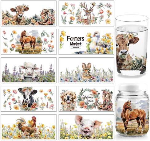 arricraft 10 Sheets Animals Theme UV DTF Cup Wrap Transfer Stickers, 9.45x4.33 Inchs Cow Sheep Chicken Rub on Transfers Decal for 16OZ Glass Cups Furniture Craft Wood DIY Crafts in Kuwait