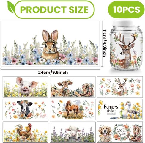 arricraft 10 Sheets Animals Theme UV DTF Cup Wrap Transfer Stickers, 9.45x4.33 Inchs Cow Sheep Chicken Rub on Transfers Decal for 16OZ Glass Cups Furniture Craft Wood DIY Crafts in Kuwait