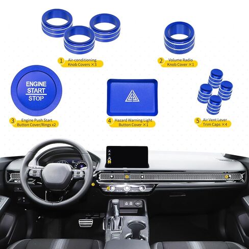 11PCS Air Conditioning Knob Cover, Warning Lights, Air Vent, Radio, Push Start Button Knob Cover Ring for Honda Civic Interior Accessories 2025 2024 2023 2022 in Saudi Arabia