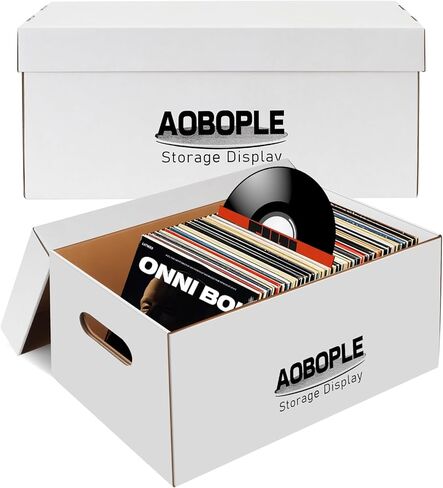 AOBOPLE 4 عبوات من الفينيل 45 صندوق تسجيل، صناديق تخزين من الورق المقوى مقاس 7 بوصات من الفينيل مع غطاء ومقبض، تحمل ما يصل إلى 75 سجلًا لكل منها، 7.48 × 7.87 × 15.83 بوصة (4 عبوات) in Kuwait