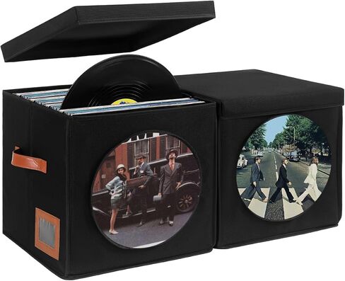 Qozary Vinyl Record Storage Box with Display Window for Album Covers, 2 Pack Record Organizer Crate with Lid, Collapsible LP Storage Box, Label Slot & Leather Handles, Holds Over 100 Vinyl Albums in Saudi Arabia