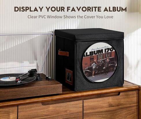 Qozary Vinyl Record Storage Box with Display Window for Album Covers, 2 Pack Record Organizer Crate with Lid, Collapsible LP Storage Box, Label Slot & Leather Handles, Holds Over 100 Vinyl Albums in Saudi Arabia