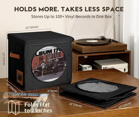 Qozary Vinyl Record Storage Box with Display Window for Album Covers, 2 Pack Record Organizer Crate with Lid, Collapsible LP Storage Box, Label Slot & Leather Handles, Holds Over 100 Vinyl Albums in Saudi Arabia