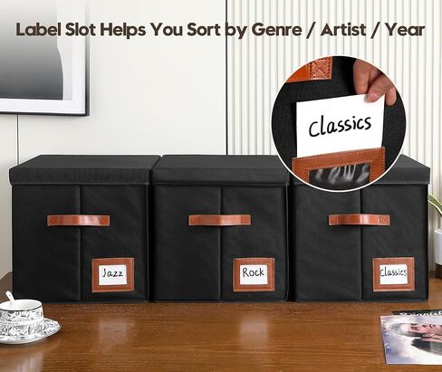 Qozary Vinyl Record Storage Box with Display Window for Album Covers, 2 Pack Record Organizer Crate with Lid, Collapsible LP Storage Box, Label Slot & Leather Handles, Holds Over 100 Vinyl Albums in Saudi Arabia