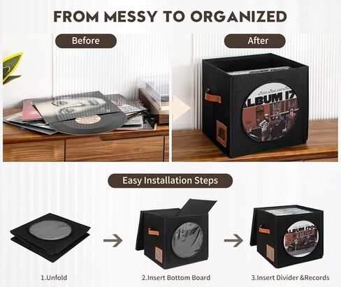 Qozary Vinyl Record Storage Box with Display Window for Album Covers, 2 Pack Record Organizer Crate with Lid, Collapsible LP Storage Box, Label Slot & Leather Handles, Holds Over 100 Vinyl Albums in Saudi Arabia