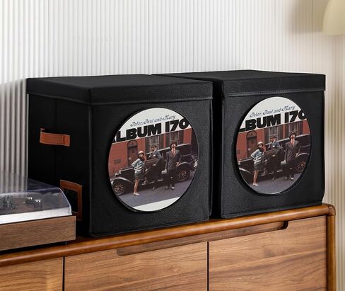 Qozary Vinyl Record Storage Box with Display Window for Album Covers, 2 Pack Record Organizer Crate with Lid, Collapsible LP Storage Box, Label Slot & Leather Handles, Holds Over 100 Vinyl Albums in Saudi Arabia