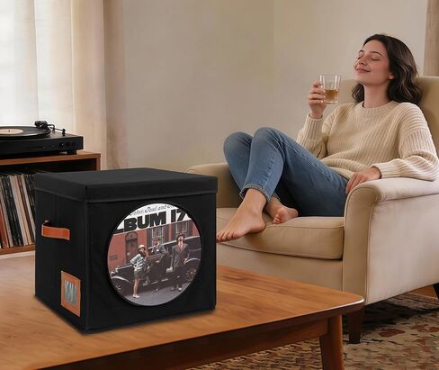 Qozary Vinyl Record Storage Box with Display Window for Album Covers, 2 Pack Record Organizer Crate with Lid, Collapsible LP Storage Box, Label Slot & Leather Handles, Holds Over 100 Vinyl Albums in Saudi Arabia