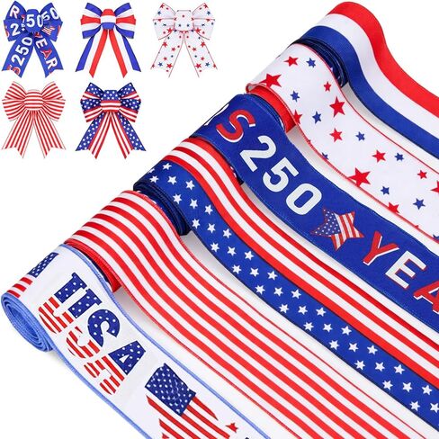Riceshoot 6 Rolls 250th Birthday Decoration 250th Anniversary Wired Ribbon 30 Yards American Patriotic Wired Edge Ribbon 4th of July Decorative for Independence Day Memorial Day DIY Crafts in Kuwait