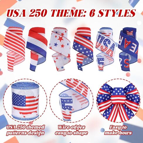 Riceshoot 6 Rolls 250th Birthday Decoration 250th Anniversary Wired Ribbon 30 Yards American Patriotic Wired Edge Ribbon 4th of July Decorative for Independence Day Memorial Day DIY Crafts in Kuwait