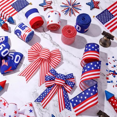 Riceshoot 6 Rolls 250th Birthday Decoration 250th Anniversary Wired Ribbon 30 Yards American Patriotic Wired Edge Ribbon 4th of July Decorative for Independence Day Memorial Day DIY Crafts in Kuwait