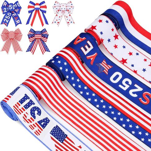 Riceshoot 6 Rolls 250th Birthday Decoration 250th Anniversary Wired Ribbon 30 Yards American Patriotic Wired Edge Ribbon 4th of July Decorative for Independence Day Memorial Day DIY Crafts in Kuwait