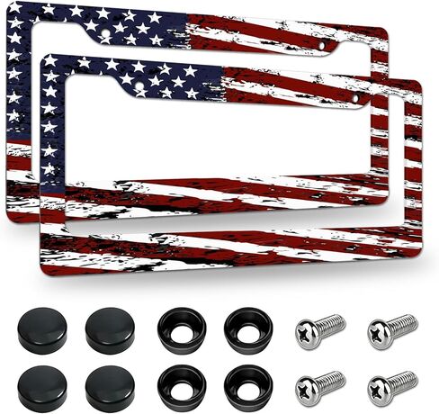 2 Pack License Plate Frames, American Flag License Plate Cover, Universal US Stainless Steel License Plate Holder with Screws for Women Men in Saudi Arabia