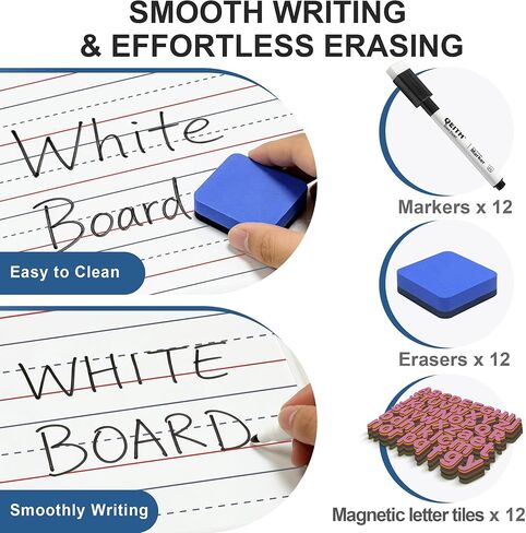 Dry Erase Boards, 12 Pack 9"x12" Magnetic Double Sided Portable Personal Small Whiteboards with Lines, Include 12 Markers, 12 Erasers, 12X52 Foam Letters for Kids, Students, Teachers Classroom School in Saudi Arabia