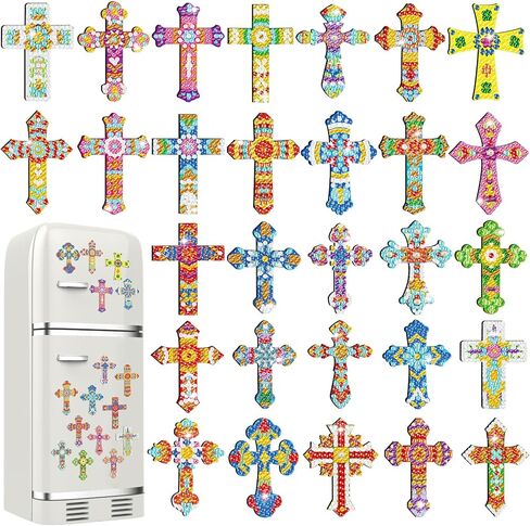 30 Pcs Cross Diamond Art Kits Magnetic Religious Christians Diamond Painting Magnets Kits Crystal Cross Jesus 5d DIY Art Fridge Magnet Refrigerator Sticker for Adult Beginners Home Car Garage in Kuwait