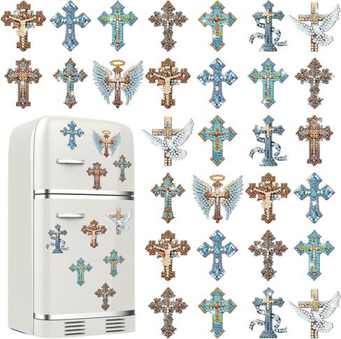 30 Pcs Cross Diamond Art Kits Magnetic Religious Christians Diamond Painting Magnets Kits Crystal Cross Jesus 5d DIY Art Fridge Magnet Refrigerator Sticker for Adult Beginners Home Car Garage in Kuwait