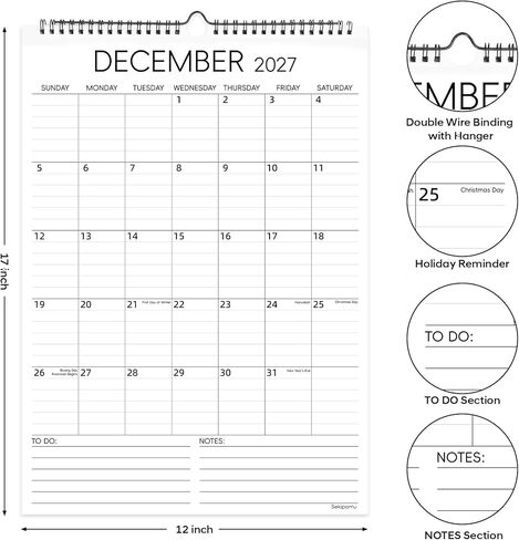 Calendar 2026-2027 Wall Calendar, July 2026 - December 2027, Large 12" x 17", 18 Months Calendar with Hanging Hook for Home Office in Saudi Arabia