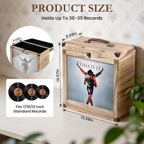 Vinyl Record Storage Box, Wood Vinyl Record Case with Display Window - Fits 7/10/12 Inch Standard Records, Holds 30-35 Albums (Brown) in Saudi Arabia