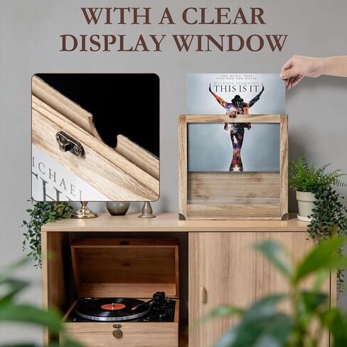Vinyl Record Storage Box, Wood Vinyl Record Case with Display Window - Fits 7/10/12 Inch Standard Records, Holds 30-35 Albums (Brown) in Saudi Arabia
