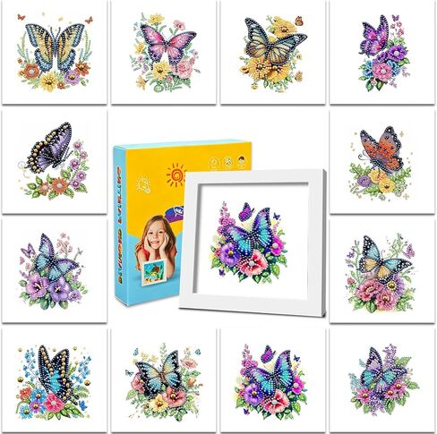 DOZEEZOP 12-Pack Interchangeable Diamond Art Kits for Adults Beginners Teens with Frame, Butterfly & Floral 5D Diamond Paintings with Round Partial Drill, Home Decor DIY Craft Gift (7x7 Inch) in Saudi Arabia