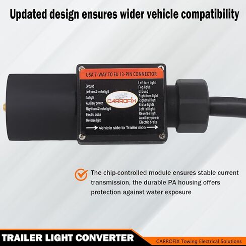 Truck to Trailer Light Converter, 7-Way American to 13-Pin European Round Connector, Chip-Controlled, Waterproof, PA Housing for US Vehicle to European Trailer in Kuwait