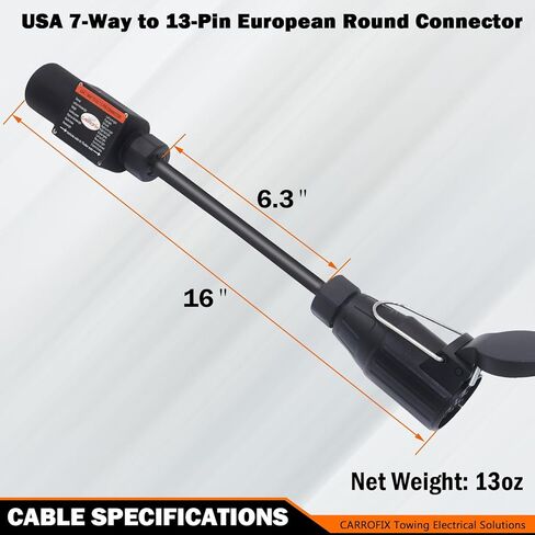 Truck to Trailer Light Converter, 7-Way American to 13-Pin European Round Connector, Chip-Controlled, Waterproof, PA Housing for US Vehicle to European Trailer in Kuwait