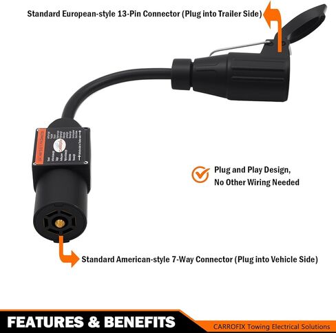 Truck to Trailer Light Converter, 7-Way American to 13-Pin European Round Connector, Chip-Controlled, Waterproof, PA Housing for US Vehicle to European Trailer in Kuwait