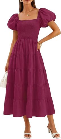 فستان ZESICA نسائي صيفي برقبة مربعة وأكمام قصيرة منتفخة بلون واحد وخصر عالي كاجوال Smocked Flowy A Line متدرج فستان متوسط ​​الطول in Saudi Arabia