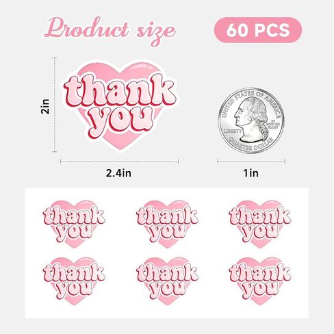 60 Pack Pink Heart Thank You Stickers, Self Adhesive Large Labels for Small Business Packaging, Envelopes & Gift Bags, Cute Appreciation Stickers for Weddings & Customers, 2.4 Inch (Pink) in Saudi Arabia