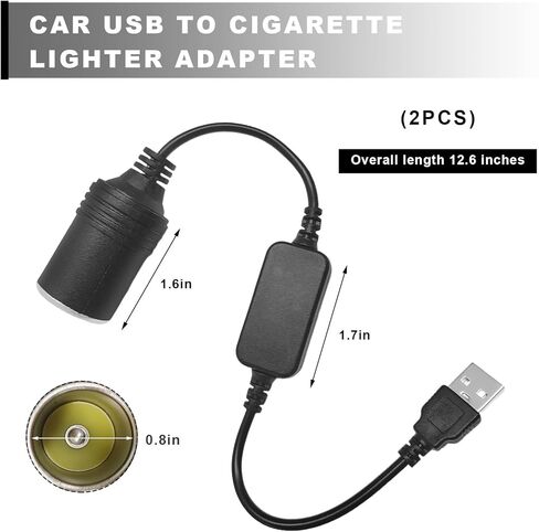 2 PCS USB to Cigarette Lighter Socket, 1 Ft 5V USB A Male to 12 Volt Car Cigarette Lighter Socket, Power Adapter Cable for Dash Cam GPS Radar Detector LED Light Strips, Car Accessories in Kuwait