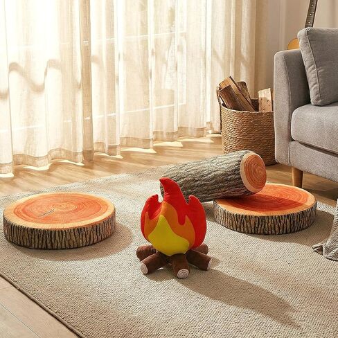 4 Pcs Pretend Campfire Set with 2 Tree Stump Pillows 1 Wood Pillow Floor Cushion 1 Fake Campfire Plush Decorative Round Throw Pillow Floor Cushion for Bedroom Living Room Picnic Party in Kuwait