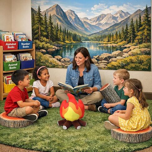 4 Pcs Pretend Campfire Set with 2 Tree Stump Pillows 1 Wood Pillow Floor Cushion 1 Fake Campfire Plush Decorative Round Throw Pillow Floor Cushion for Bedroom Living Room Picnic Party in Kuwait