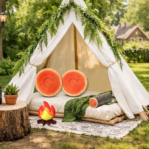 4 Pcs Pretend Campfire Set with 2 Tree Stump Pillows 1 Wood Pillow Floor Cushion 1 Fake Campfire Plush Decorative Round Throw Pillow Floor Cushion for Bedroom Living Room Picnic Party in Kuwait
