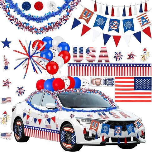 57PCS 4th of July Parade Car Decoration Kit: Flag, Tinsel Garlands, Banners, Etc - Red White Blue Decor for Patriotic Independence Day Party Favors in Kuwait