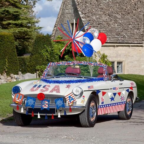 57PCS 4th of July Parade Car Decoration Kit: Flag, Tinsel Garlands, Banners, Etc - Red White Blue Decor for Patriotic Independence Day Party Favors in Kuwait