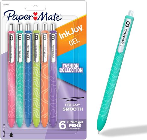 Paper Mate InkJoy Gel Pens, Fashion Barrels, Retractable, Medium Point (0.7mm), Smooth Writing, Black Ink, 6 Count - Trendy Office Supplies in Kuwait