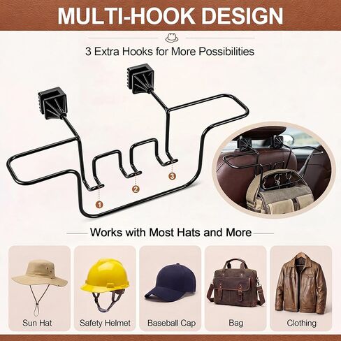 Enhon 2PCS حامل قبعة رعاة البقر لمقعد الشاحنة، حامل قبعة معدني مع 3 خطافات، تصميم حاصل على براءة اختراع، يحافظ على الشكل، شماعة السيارة وسيارات الدفع الرباعي، هدية غربية للرجال والنساء in Kuwait