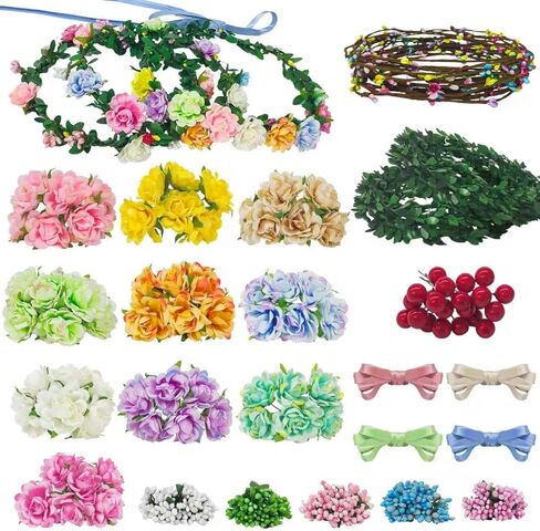 Yiranok Flower Crowns Making Kit,20 Sets Make Your Own Flower Crown Crafting Kit Blooming Rose Wreath Headband and Bracelet Making Kit DIY Floral Crown Wedding Party Fairy Hair Accessories Gift in Saudi Arabia