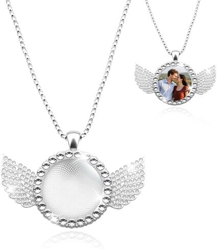Personalized Rhinestone Photo Necklaces Memorial Angel Wing Photo Frame Necklace for DIY Crafters Gift Ziconia DIY Custom Picture Holder Pendant Personalized Photo Necklaces Silver in Kuwait