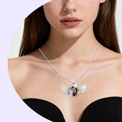 Personalized Rhinestone Photo Necklaces Memorial Angel Wing Photo Frame Necklace for DIY Crafters Gift Ziconia DIY Custom Picture Holder Pendant Personalized Photo Necklaces Silver in Kuwait