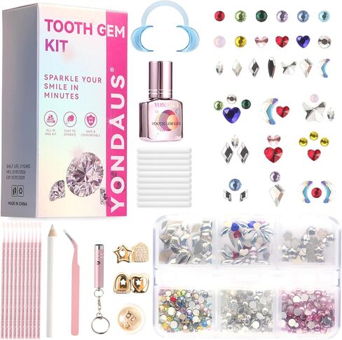 Yondaus Tooth Gem Kit for Women Men - 402 pcs Sparkling Crystals in Multiple Sizes & Shapes, Includes 2 Grillz Teeth, Safe DIY Dental Jewelry for Party Festival in Saudi Arabia