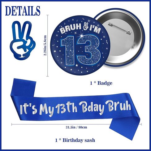 13th Birthday Decorations Gift Boy - 2 Pcs It's My 13th Bday Bruh Sash Bruh I'm 13 Pin Badge Blue Silver Party Supplies Gift for Boys 13 Year Old Birthday Party Decor Accessories in Saudi Arabia