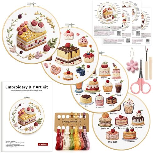 HGEKLIZV Embroidery Kit for Beginners Adults – 4Pcs Pre-Printed Cake & Fruit Patterns, Bamboo Hoop, Threads, Needles, Guide – DIY Hand Embroidery Craft, Home Decor, Gift for Women in Saudi Arabia