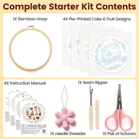 HGEKLIZV Embroidery Kit for Beginners Adults – 4Pcs Pre-Printed Cake & Fruit Patterns, Bamboo Hoop, Threads, Needles, Guide – DIY Hand Embroidery Craft, Home Decor, Gift for Women in Saudi Arabia