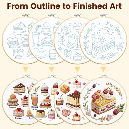 HGEKLIZV Embroidery Kit for Beginners Adults – 4Pcs Pre-Printed Cake & Fruit Patterns, Bamboo Hoop, Threads, Needles, Guide – DIY Hand Embroidery Craft, Home Decor, Gift for Women in Saudi Arabia