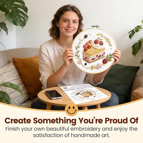 HGEKLIZV Embroidery Kit for Beginners Adults – 4Pcs Pre-Printed Cake & Fruit Patterns, Bamboo Hoop, Threads, Needles, Guide – DIY Hand Embroidery Craft, Home Decor, Gift for Women in Saudi Arabia