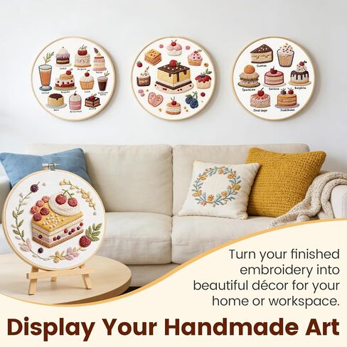 HGEKLIZV Embroidery Kit for Beginners Adults – 4Pcs Pre-Printed Cake & Fruit Patterns, Bamboo Hoop, Threads, Needles, Guide – DIY Hand Embroidery Craft, Home Decor, Gift for Women in Saudi Arabia